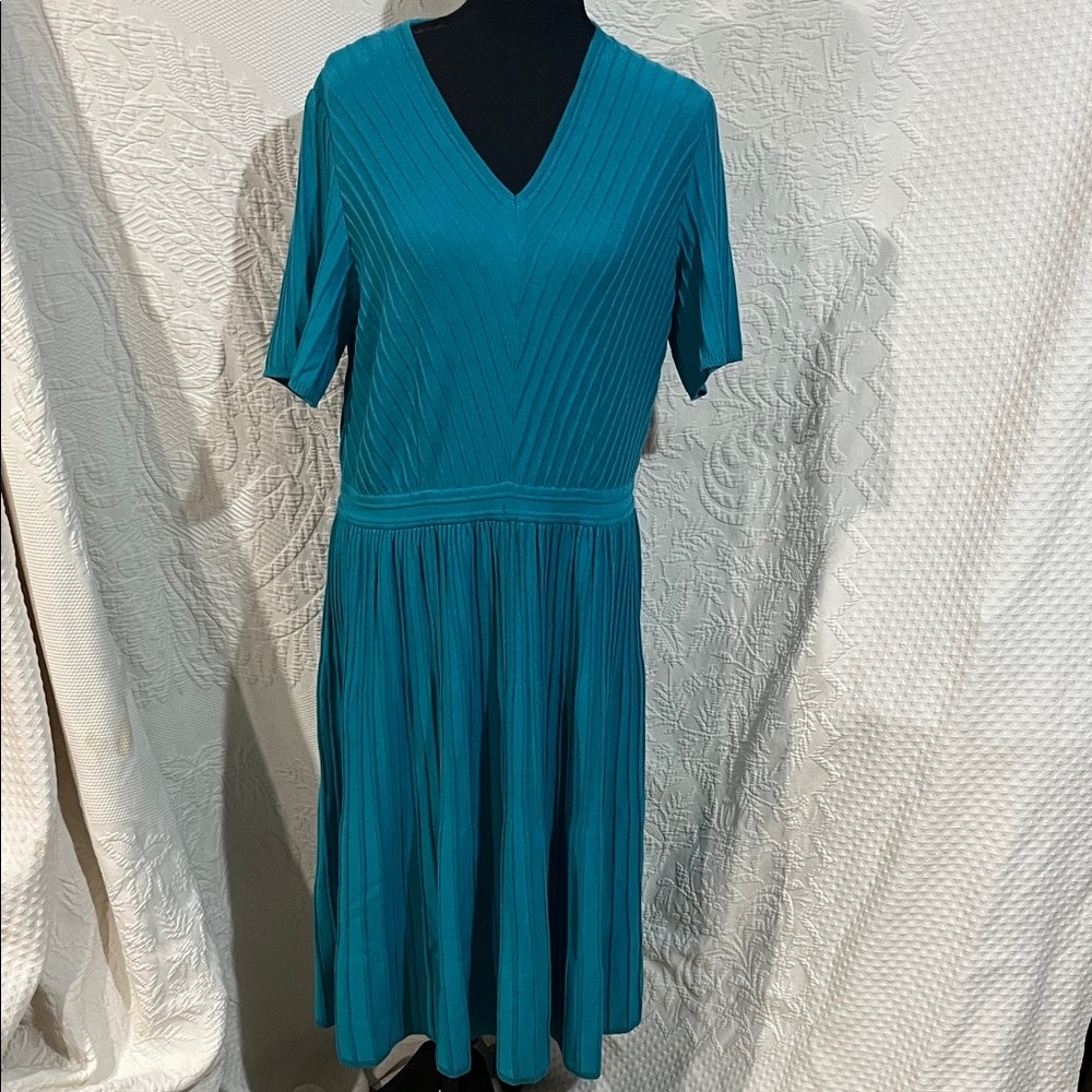 Misook Ribbed Knit Teal V-Neck Midi‎ Dress, size medium